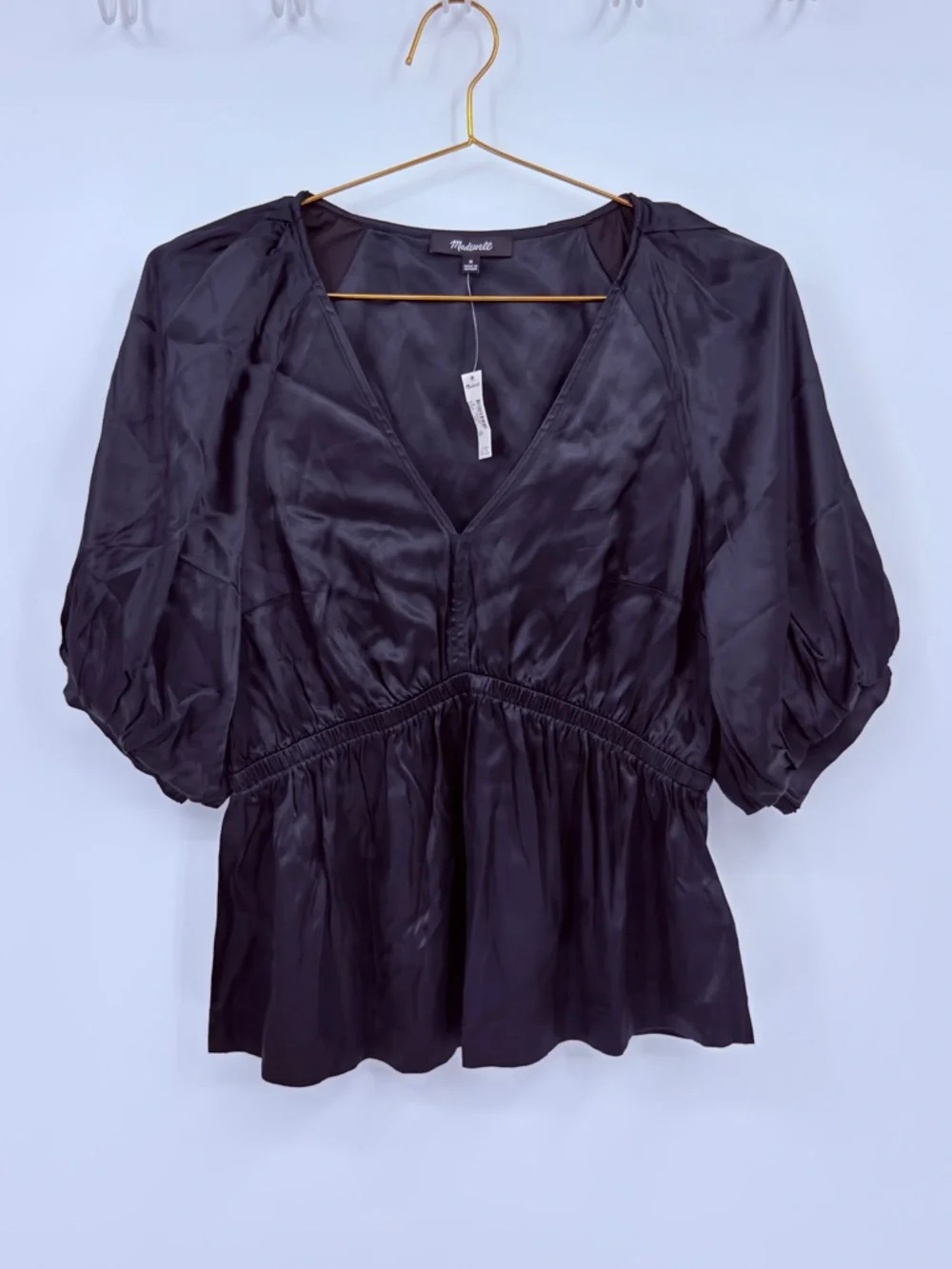 Madewell Black Silk Blend Peplum Blouse Puff Sleeve V Neck Top Medium